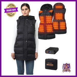 Long Heated Puffer Vest with Battery Pack, 10 Heating Zones, Hooded Winter Wear